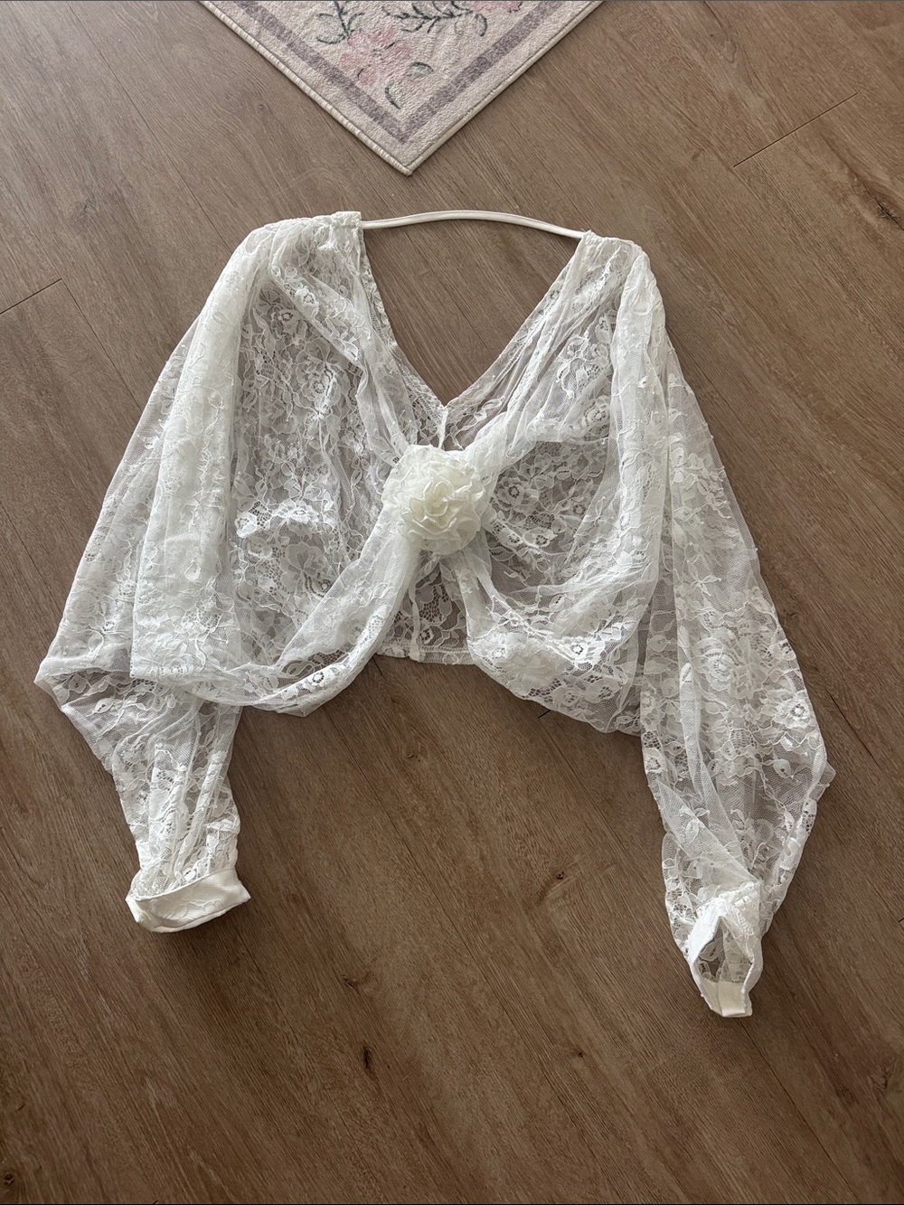 Sheer White Lace Cropped Blouse with Floral Accent